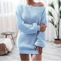 Women's knitted sweater dress with lantern sleeves in solid colour, medium length pullover design