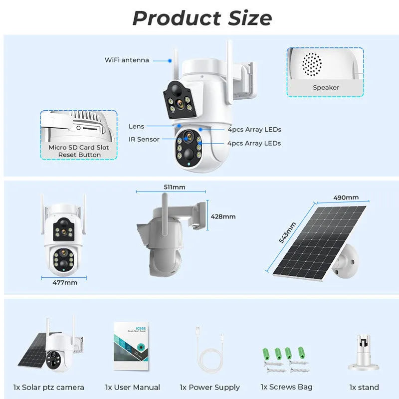 Outdoor white solar-powered WiFi security camera with attached solar panel on wall mount.