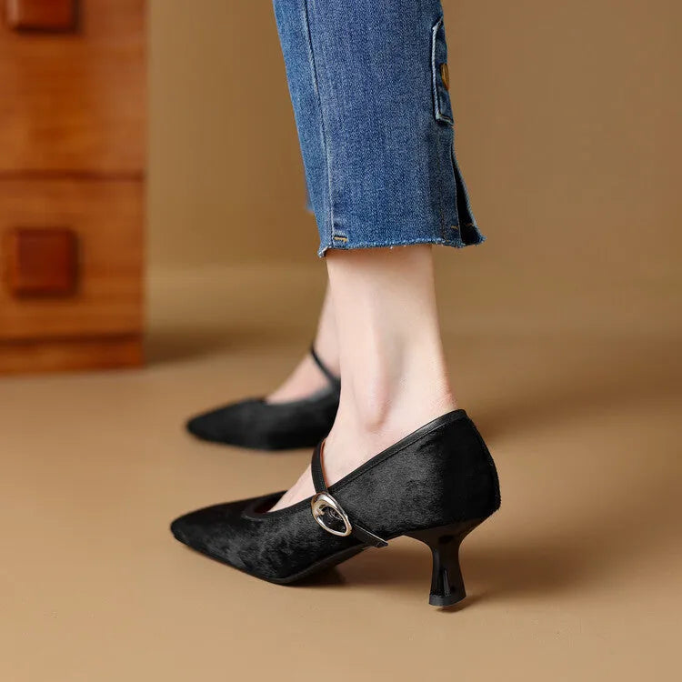 Women's black square toe stiletto ankle-strap heels with a horse hair upper.