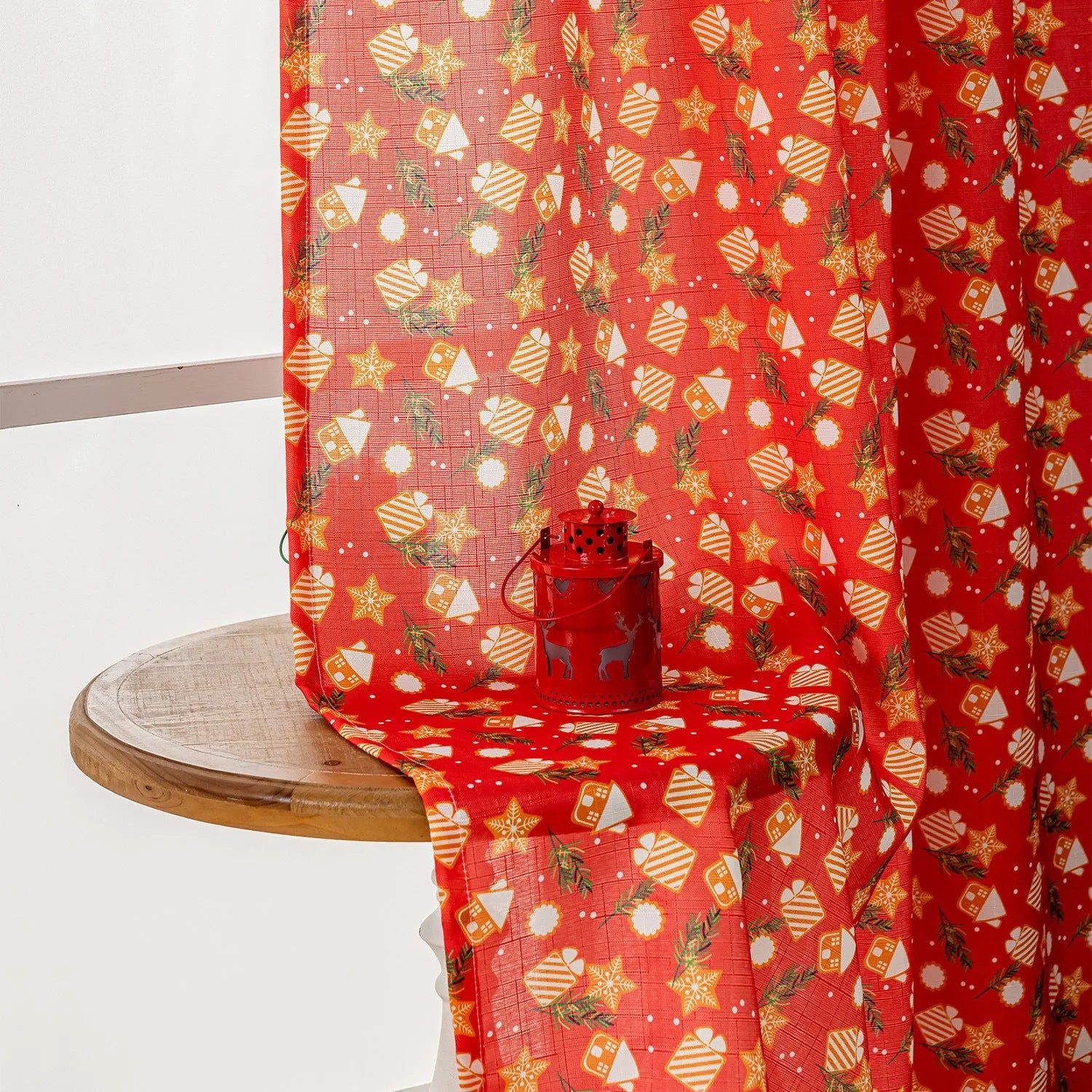 Christmas Snowman Angel print curtain in red with cartoon figures, 1 metre wide