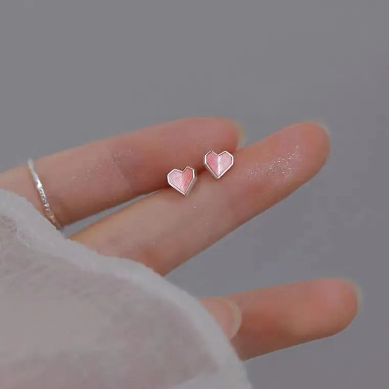 Sterling silver S925 heart shaped ear studs for women pink and white niche style