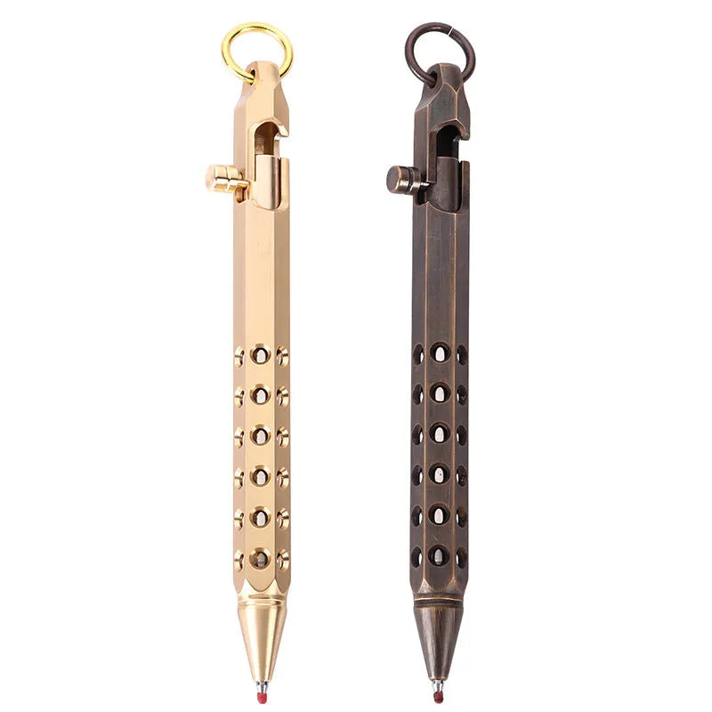 Brass hexagonal roller pen with 0.5mm tip showing six flat sides and retro design