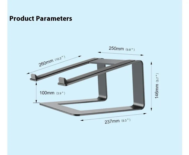 Aluminium alloy laptop stand on desktop in black colour with laptop elevated