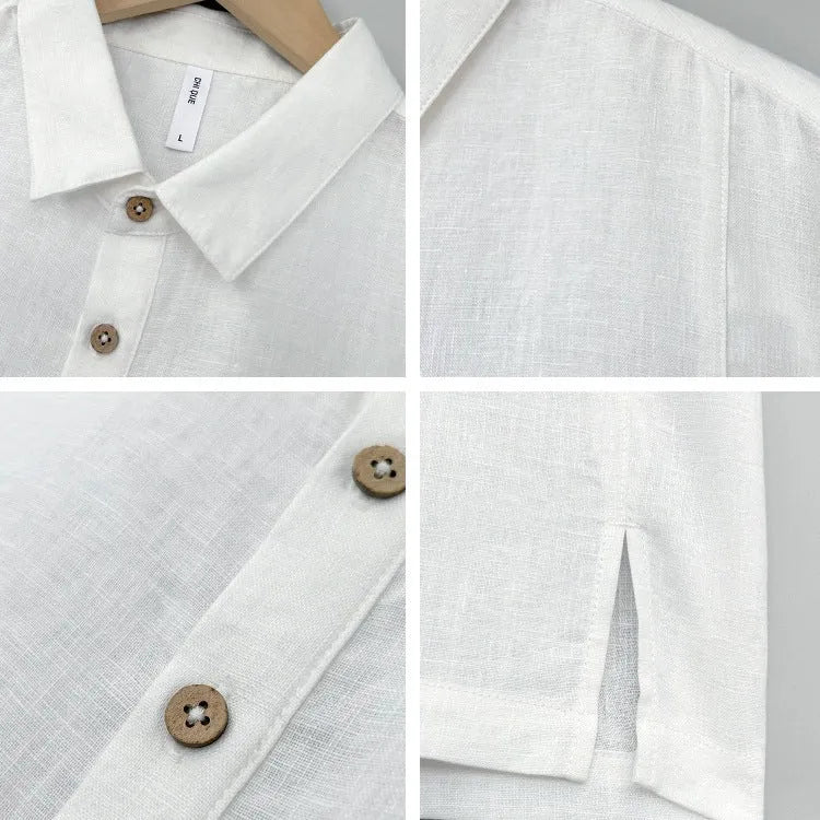 Man wearing a loose grey green linen short sleeve shirt with thin lapels.