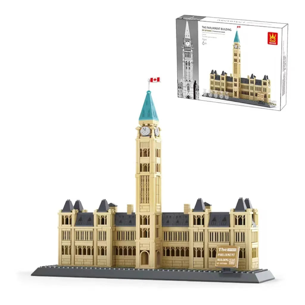Wange building block set showing over 800 small ABS plastic pieces for constructing global landmark models.