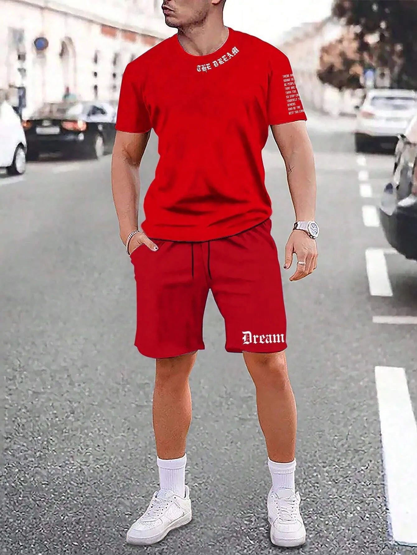 Sports style short-sleeved shorts set with printed pattern, loose fit shorts, and quick-dry fabric