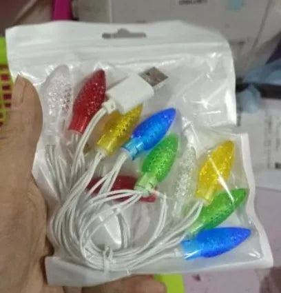 Green USB charging cable with 10 integrated LED Christmas lights flashing, compatible with iOS and Android devices
