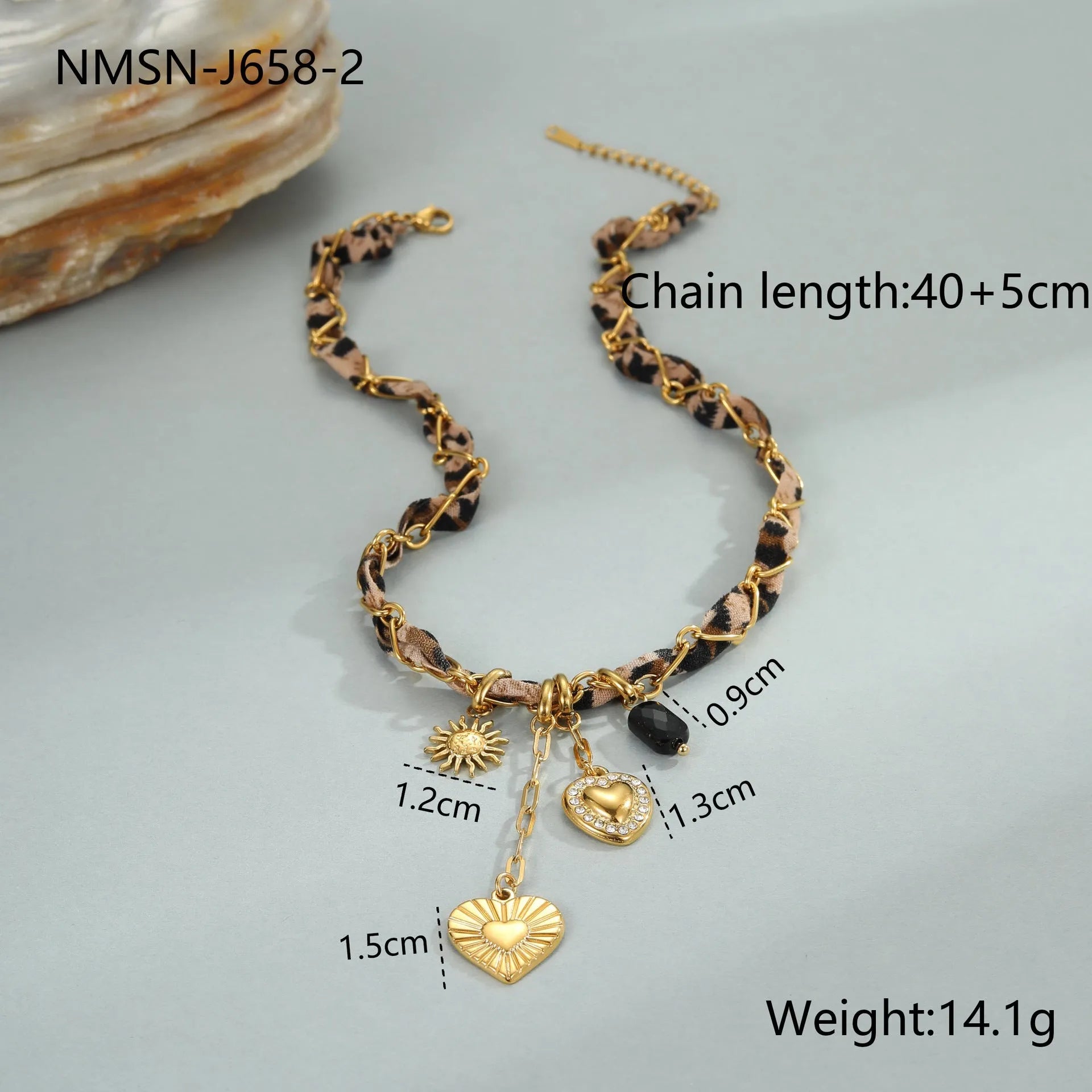 Geometric leopard and love pendant necklace on adjustable stainless steel chain with 18K electroplating