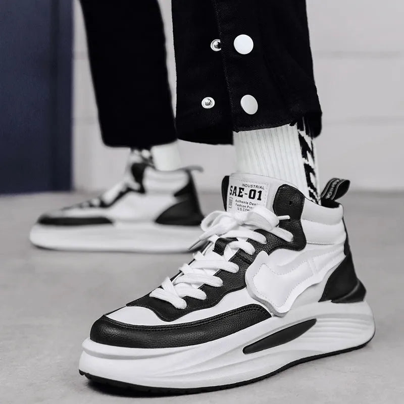 Men's black and white high-top platform casual shoes with a round toe and PU upper.