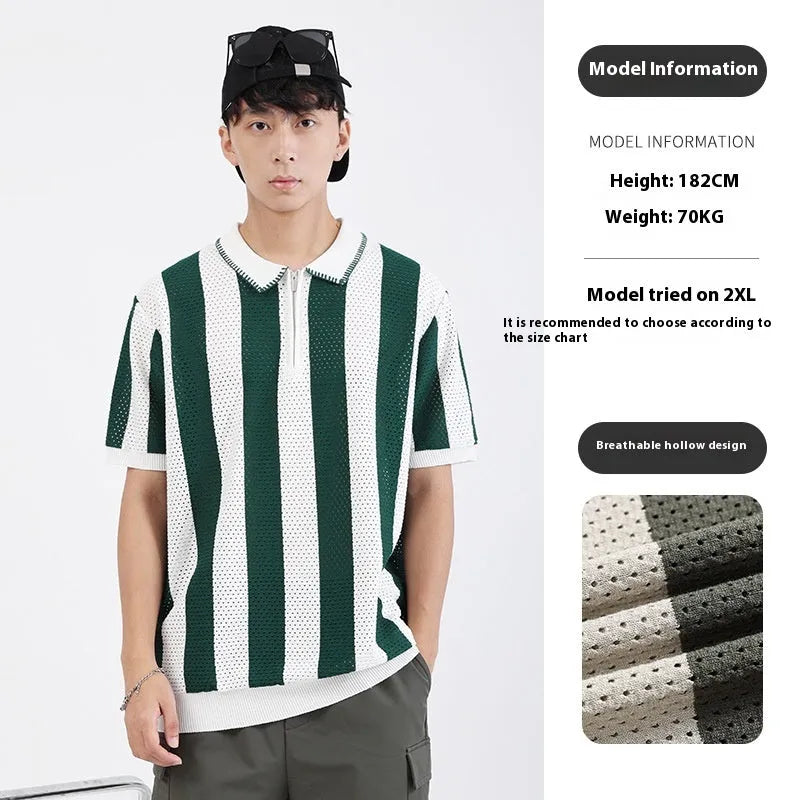 Man wearing a black and white striped short sleeve viscose sweater with a decorative zipper detail.