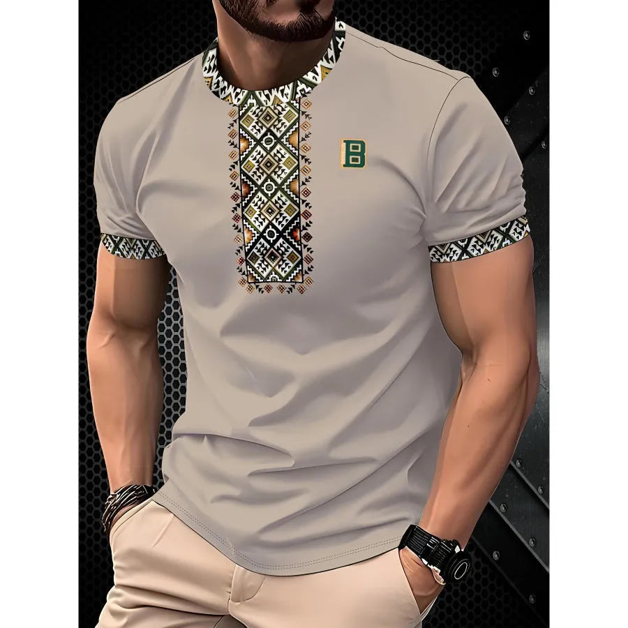 Men's loose fit short-sleeved T-shirt with digital 3D printed striped pattern in polyester fabric