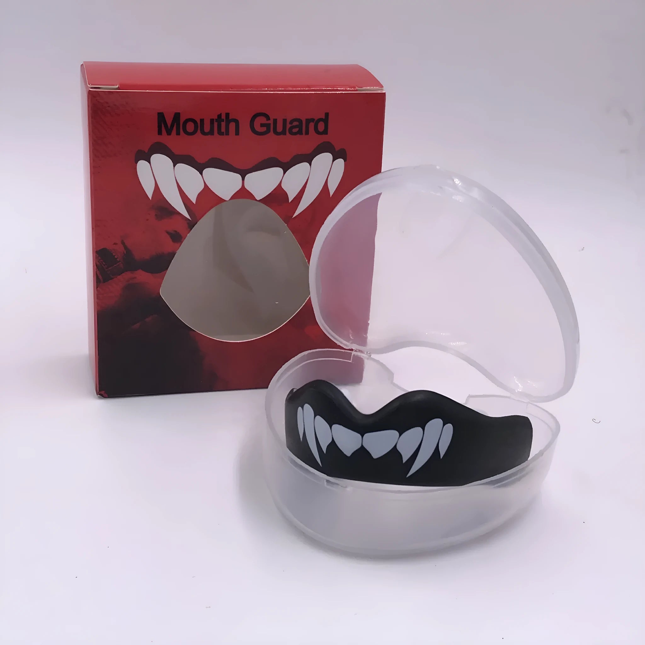 Boxing sports mouthguard with printed teeth pattern in black and white colour option