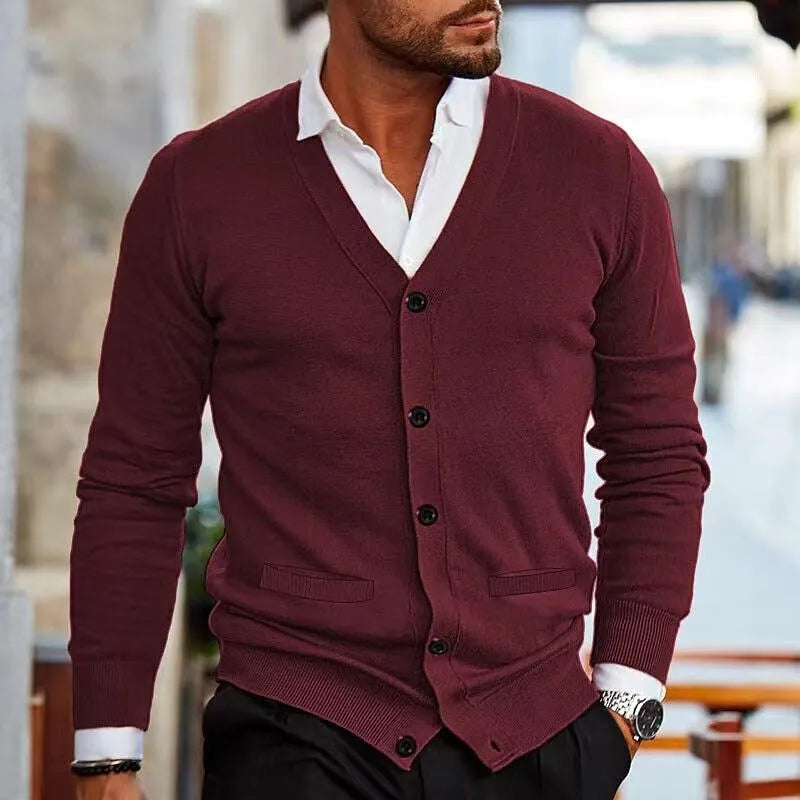 Men's slim fit acrylic cardigan sweater in dark grey, shown as a casual autumn winter layer.