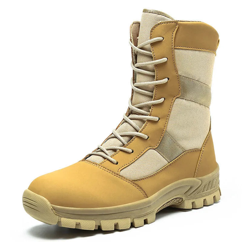 Men's black high-top Martin combat boots with mesh upper and totem design details