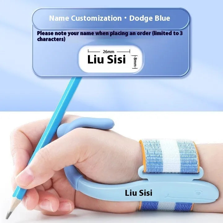 Blue anti-hook wrist brace and pen control corrector for children's writing posture on a table.