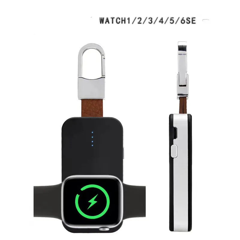 Black Apple Watch wireless charging power bank keychain with compact rectangular design