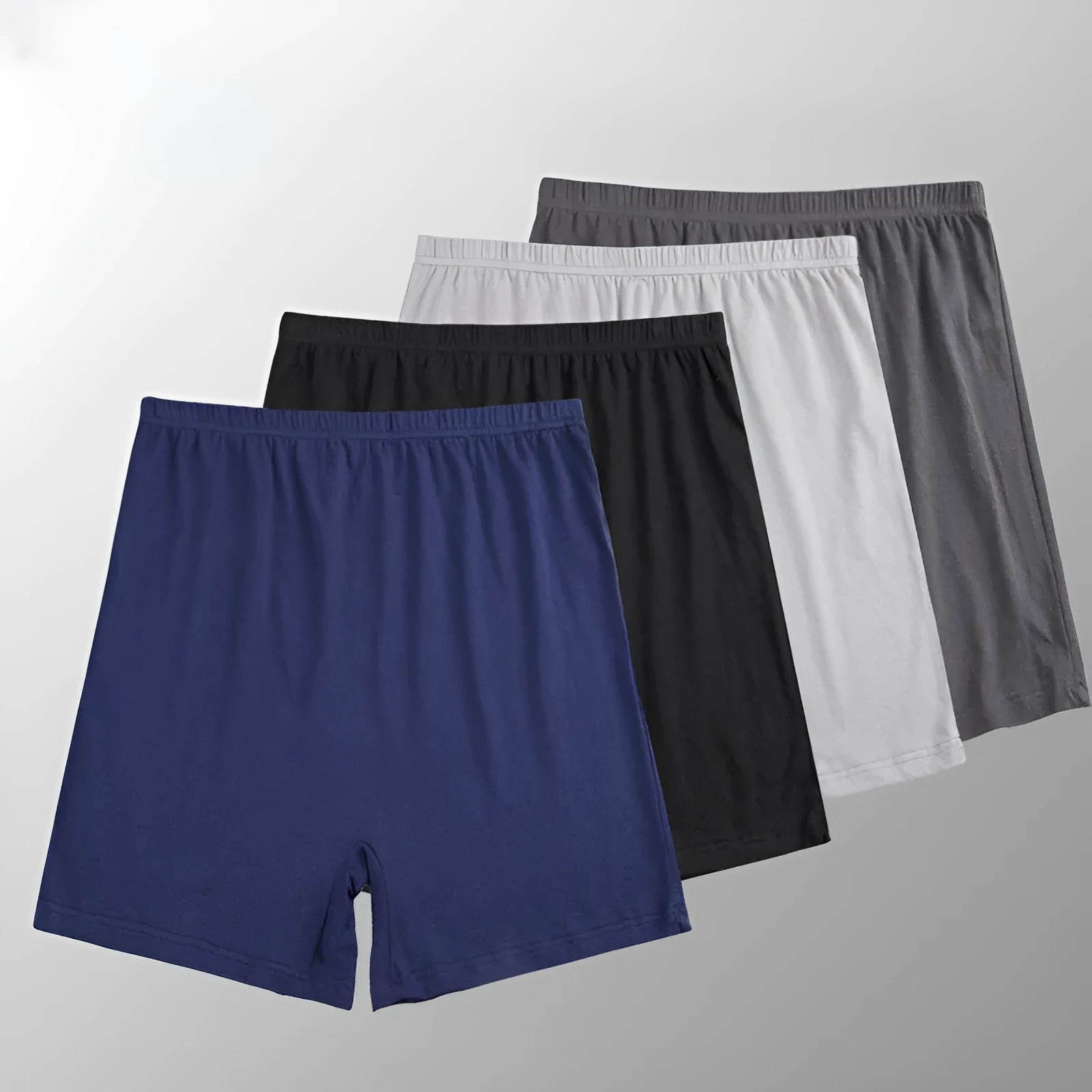 Men's solid colour modal boxers showing high waist design available in black, blue, gray and brown