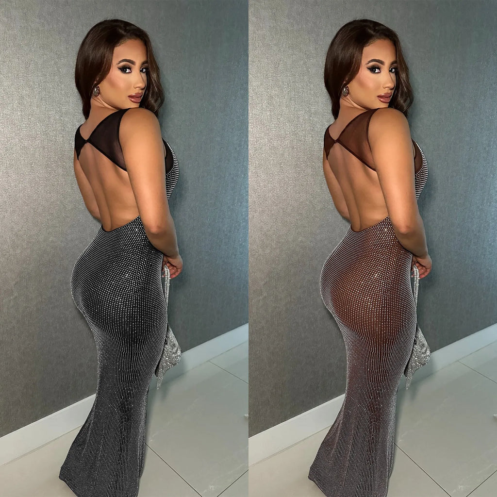 Women's mesh drilling backless bodycon dress in C7551 Black, polyester, long sheath style