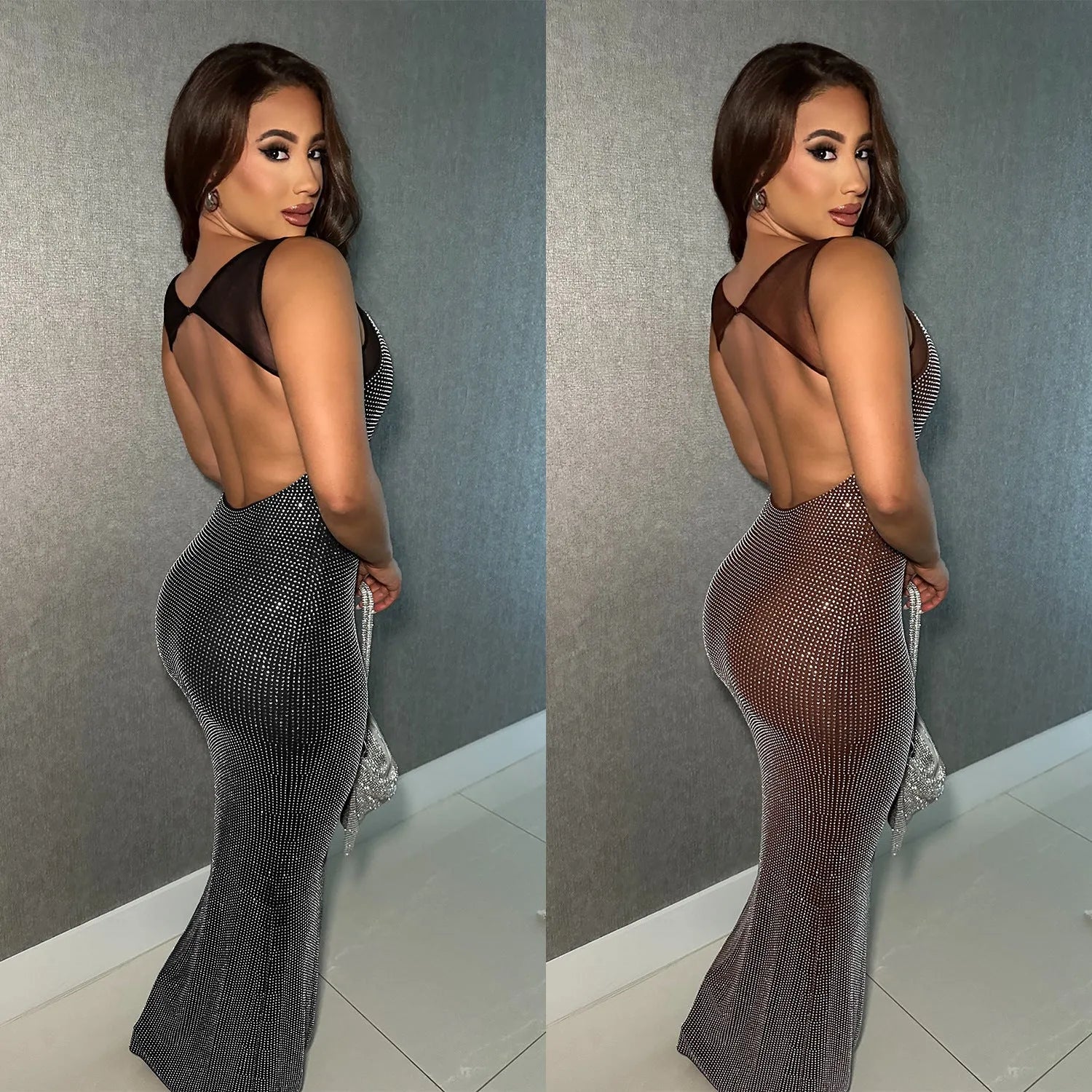 Women's mesh drilling backless bodycon dress in C7551 Black, polyester, long sheath style