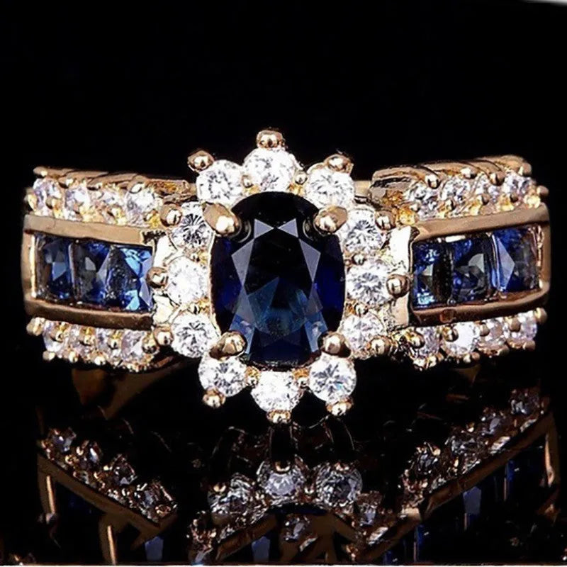 Zinc alloy personalised ring with sunflower blue diamond, square blue zircon, or square purple zircon stone options