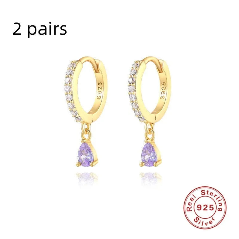 Geometric water drop earrings in Sterling Silver with electroplated gold finish and purple diamond stones