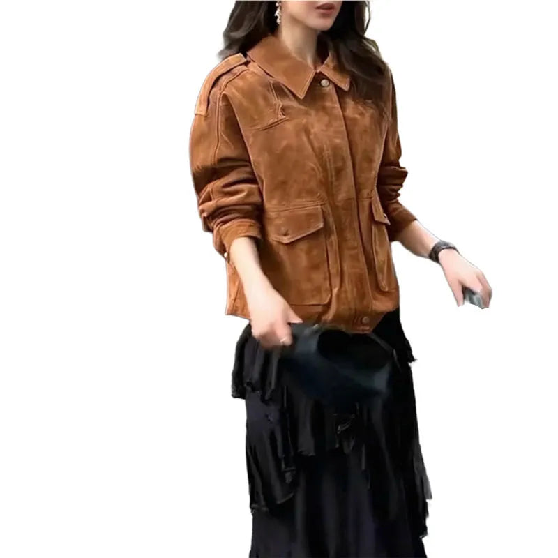 Women's brown polyester suede coat with regular sleeves on hanger