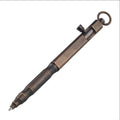 Brass tactical pen with machine gun inspired bolt-action design and hexagonal barrel