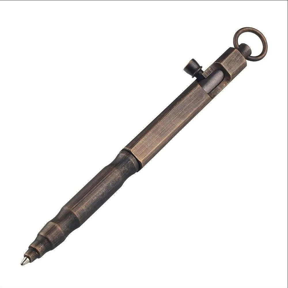 Brass tactical pen with machine gun inspired bolt-action design and hexagonal barrel