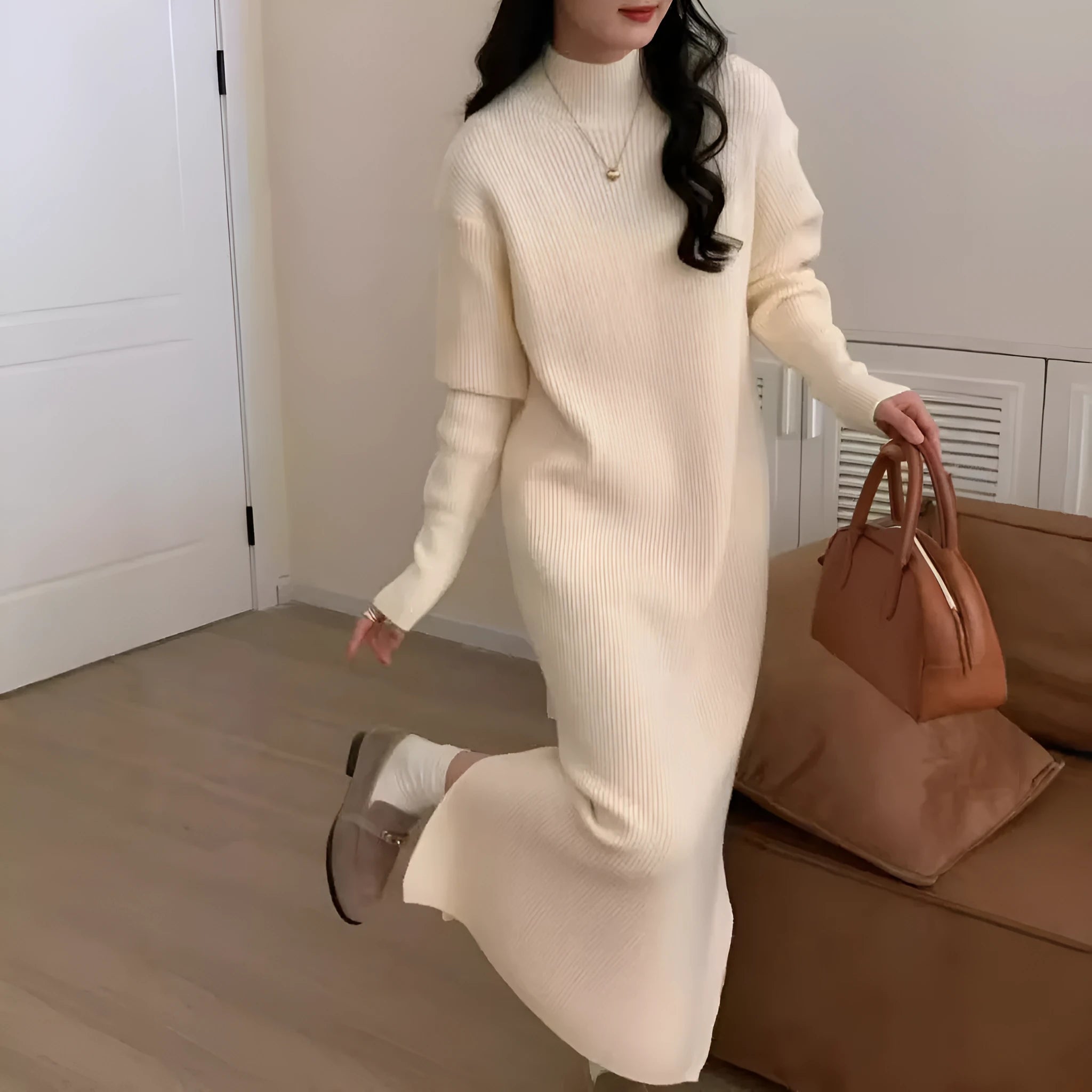 Women's beige half turtleneck knitted dress with long sleeves and high waist