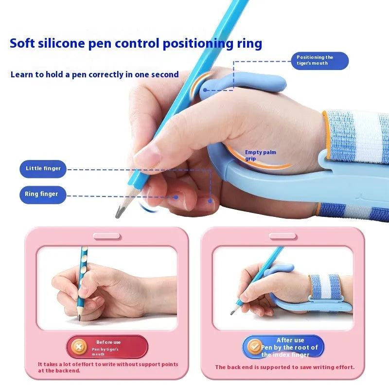 Blue anti-hook wrist brace and pen control corrector for children's writing posture on a table.