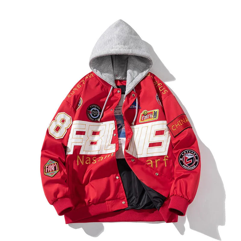 Black blue red American motorcycle baseball uniform with hooded detachable cotton padded options