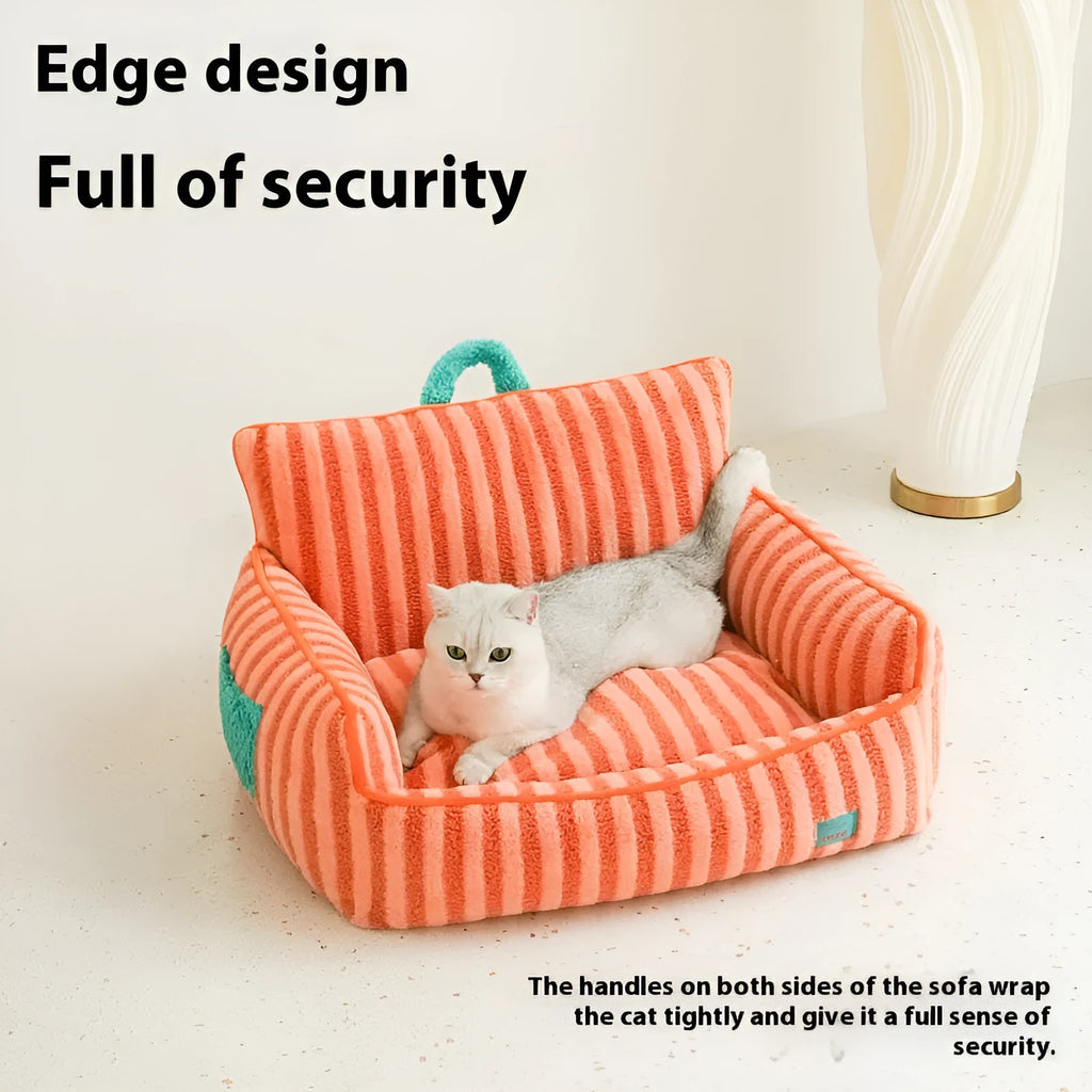 Striped soft velvet dog bed with removable cover in orange, purple, and yellow colour options