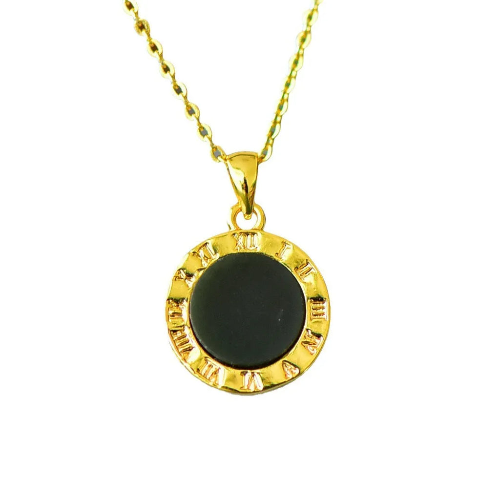 Flat geometric Hetian jade pendant with copper inlay on a necklace chain.