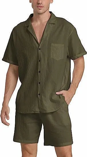 Men's flax short-sleeved top and shorts set for summer sports in army green.