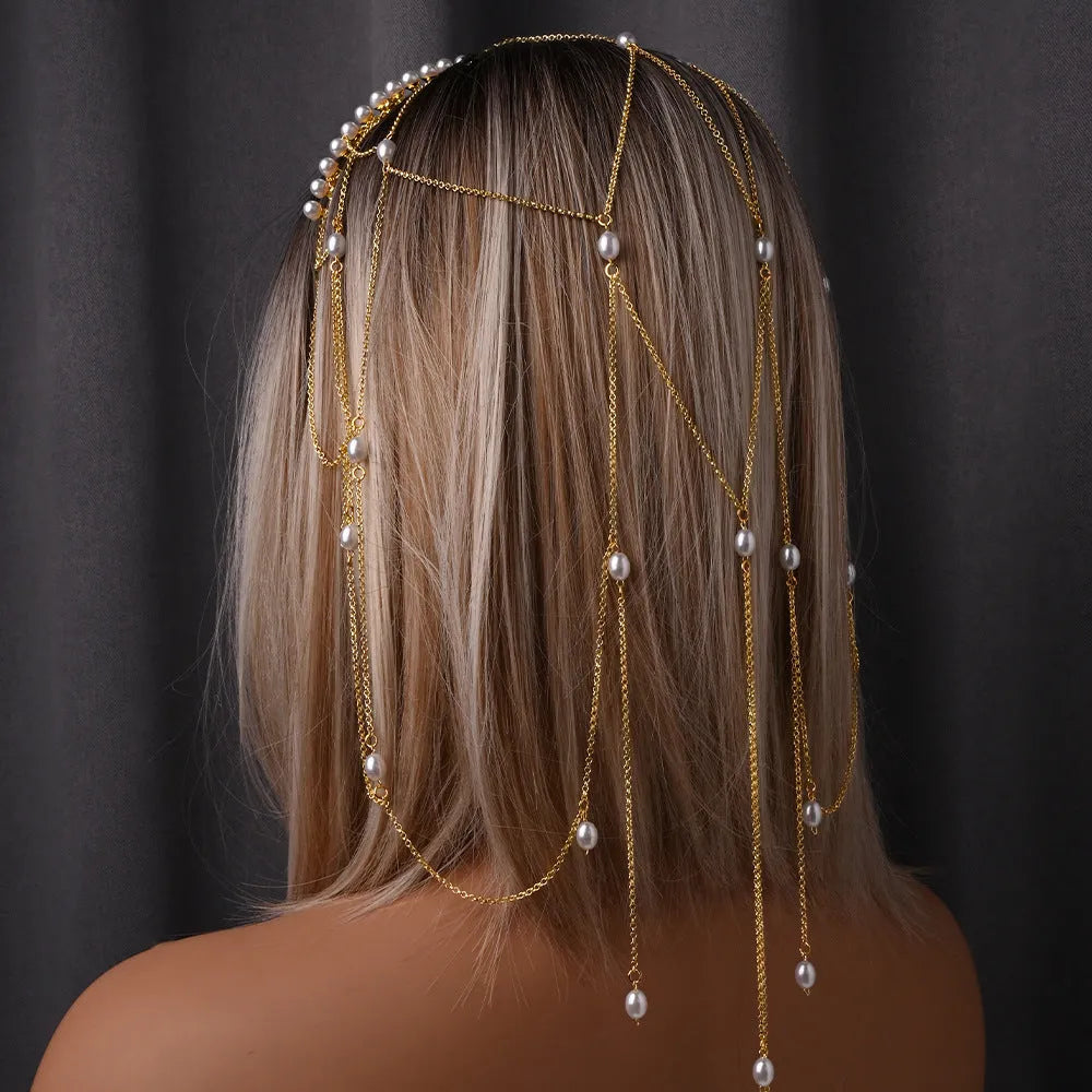 Women's mesh tassel hair chain jewellery in gold or silver colour with pearl decoration
