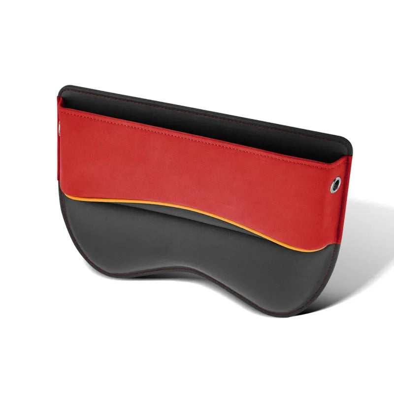 Leather car seat storage box in available colours mounted on vehicle passenger seat