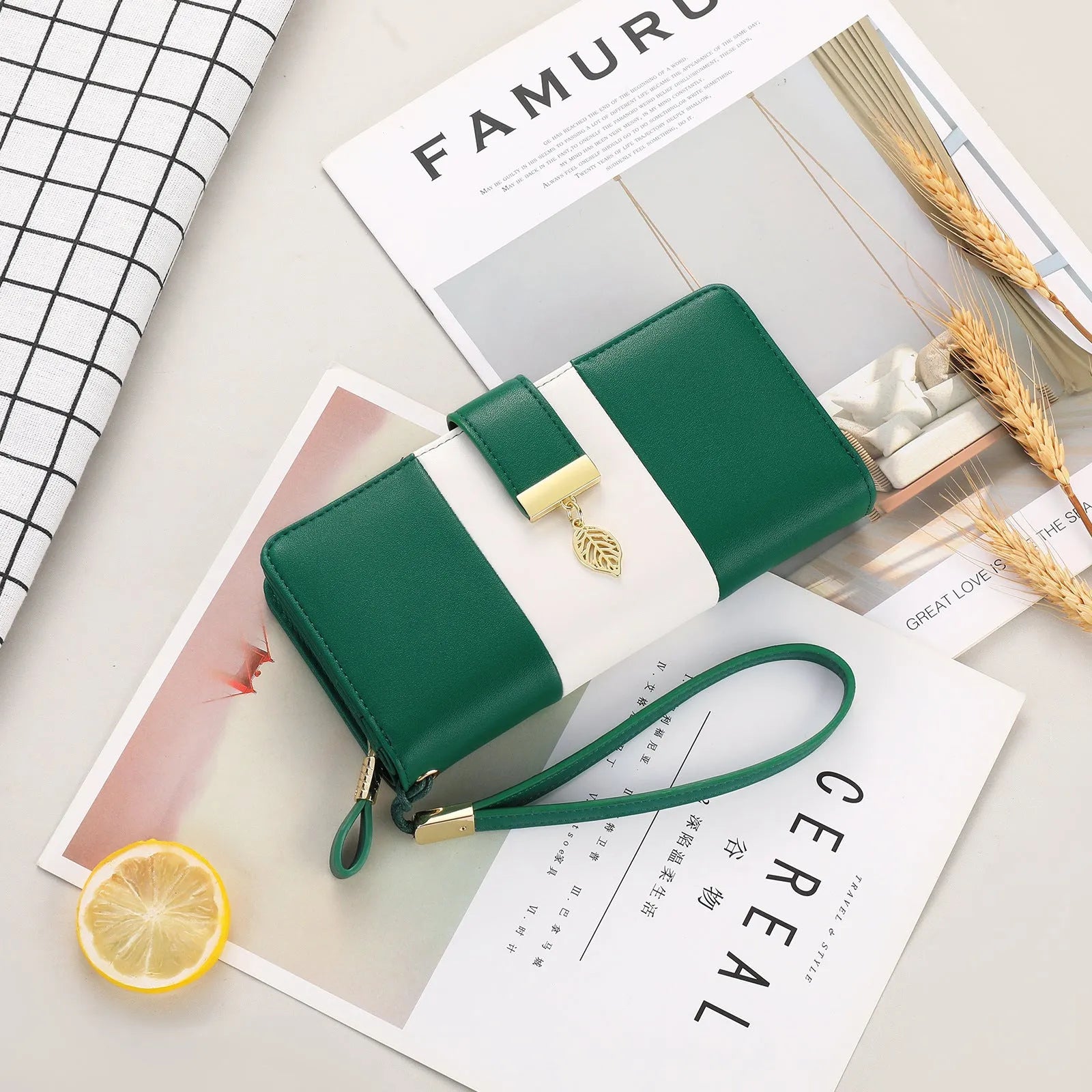Anti-theft clutch bag in PU leather with zip lock closure, showing interior microfiber lining and compact design