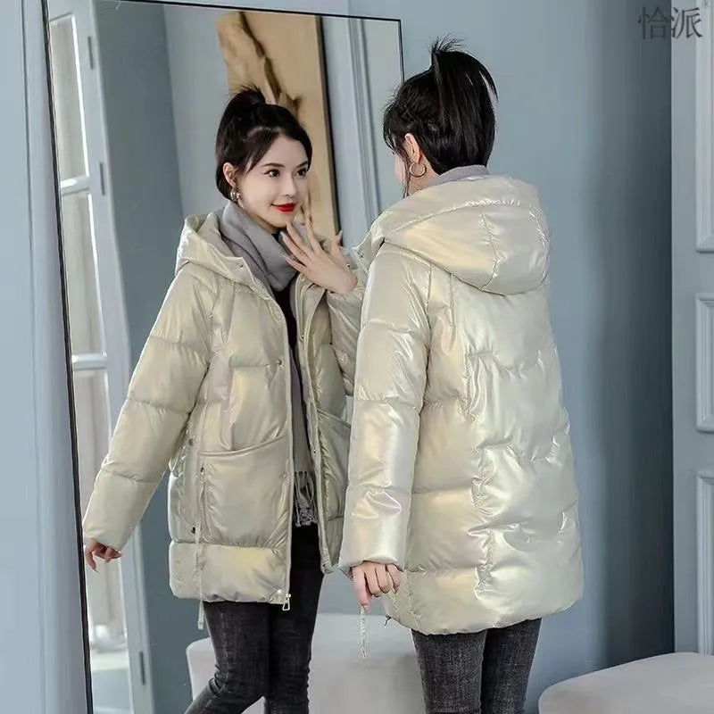 Loose fit women's winter hooded jacket in black, blue, champagne or green colour