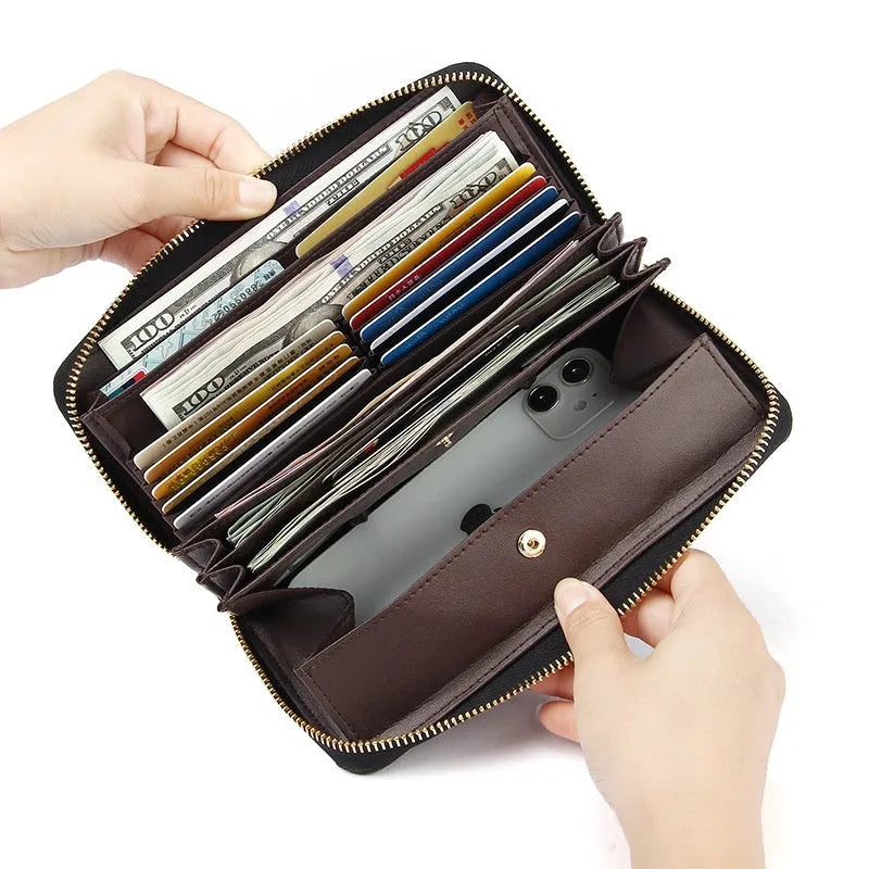 Women's genuine leather long bi-fold wallet in six colour options showing large capacity design