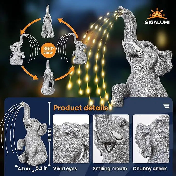 A realistic resin elephant garden statue with a waterproof rating and an LED light strip for outdoor decoration.