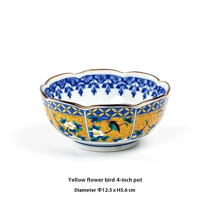Retro Japanese style porcelain bowls with peony patterns in gold and yellow colours