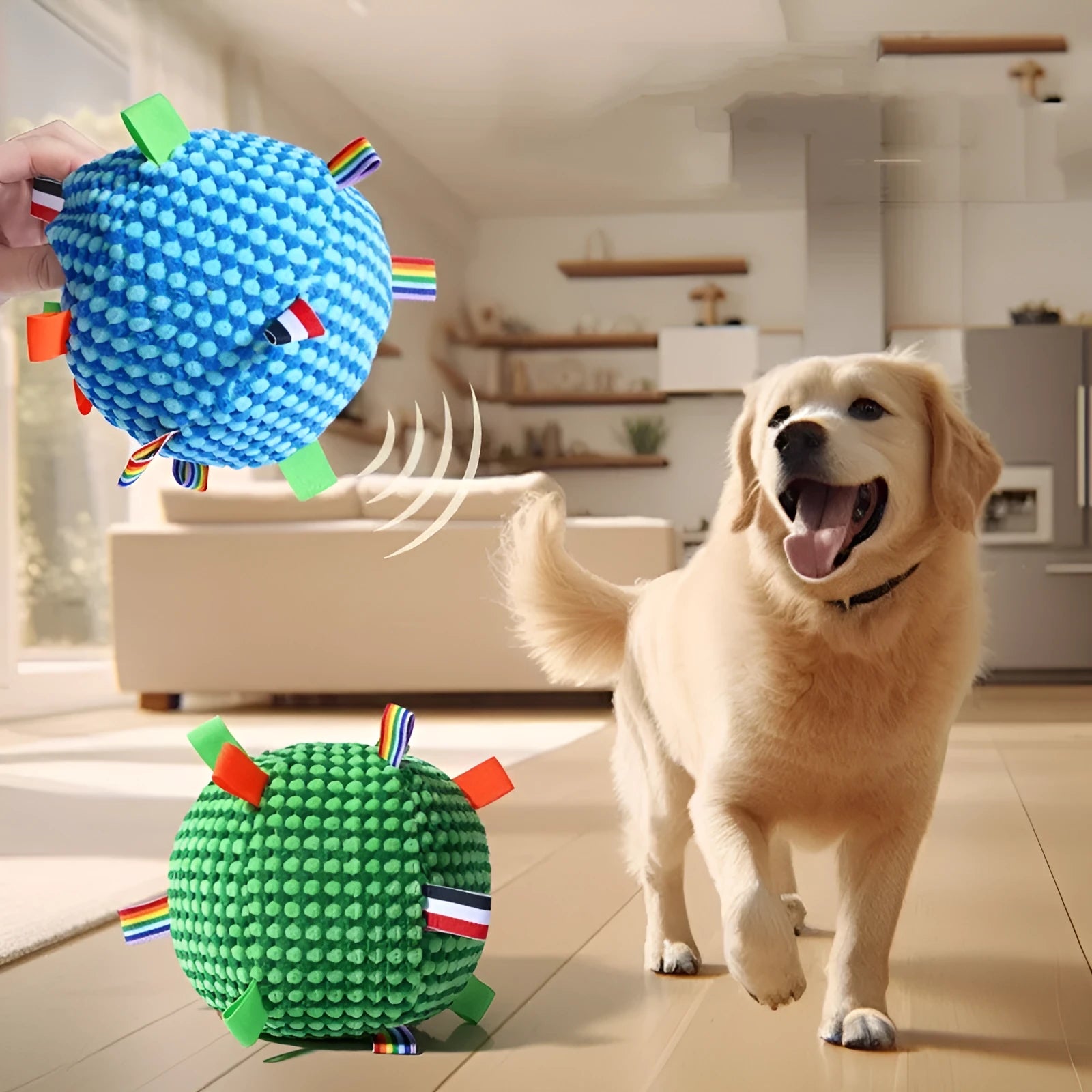 Blue and yellow pineapple lattice dog ball toy with ring rolling design, approximately 17cm diameter