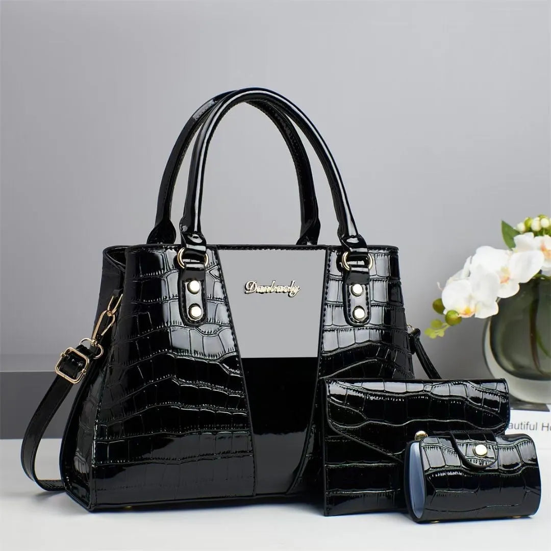 Women's crocodile-stitch three-piece shoulder bag set showing main bag, small bag, and card pouch in PU leather