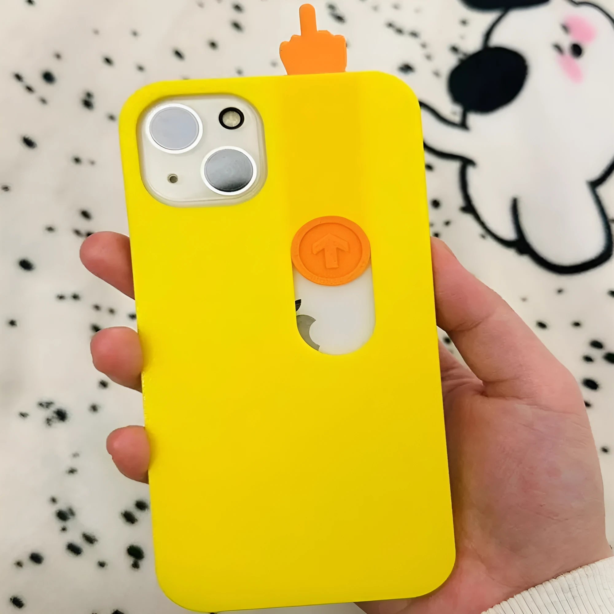 Bright yellow spoof phone case with 3D sliding middle finger design for iPhone