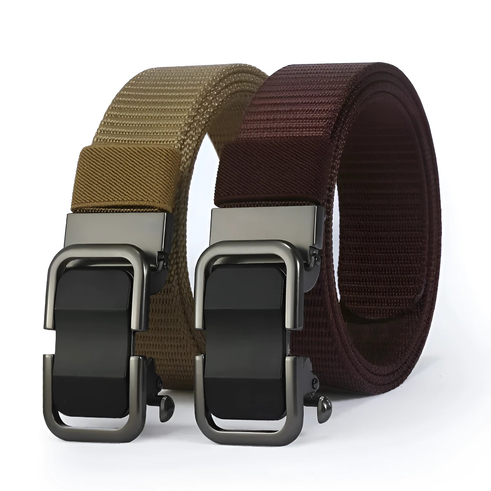 Men's nylon canvas belt with an alloy buckle shown in army green colour with a silver buckle.