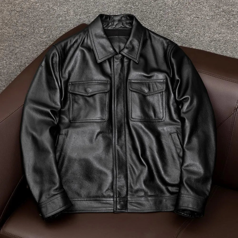 Men's plus size black lapel leather jacket with side pockets, shown on a hanger.