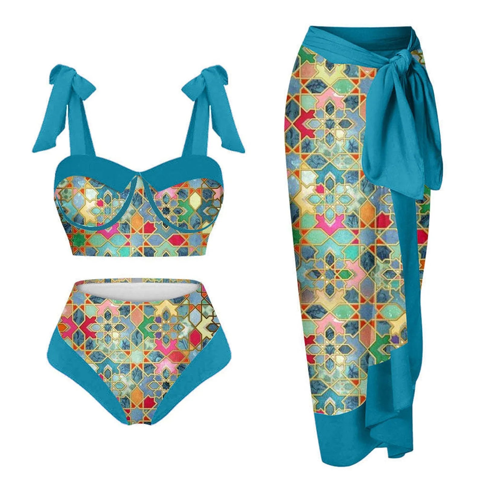Women's pink printing split swimsuit three-piece set with skirt, bra, and panties on a mannequin.