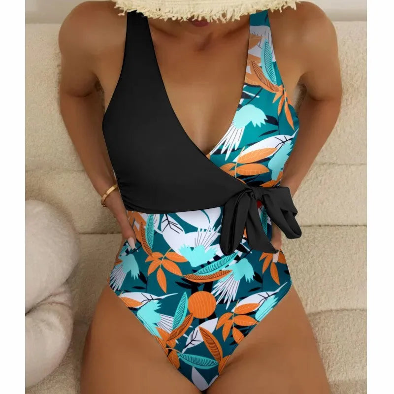 Women's high-waist one-piece bikini swimsuit with printed pattern design