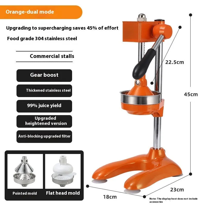 Vertical stainless steel manual juicer with zinc alloy base in choice of colours with pointed, flat or double head options