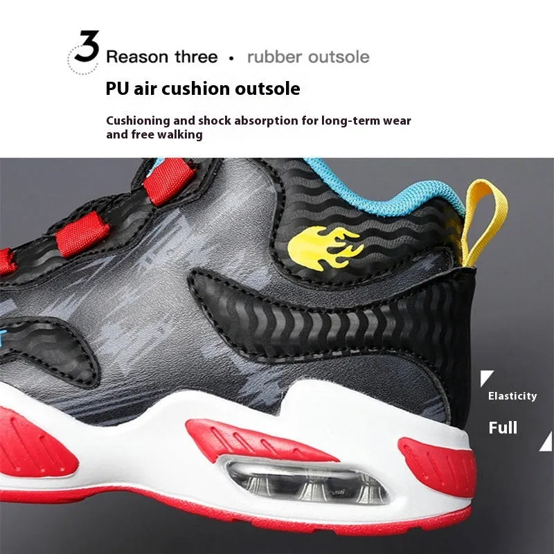 Rotating button running shoes in black synthetic leather with waterproof construction and PU soles